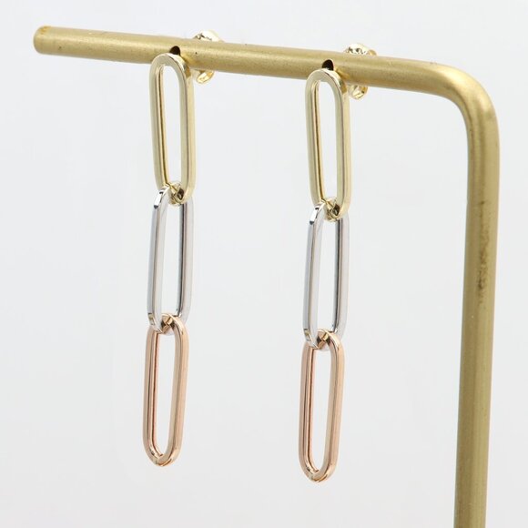 3 Color Gold Paperclip Earrings 5mm   1.5' Inch long Dangle Earrings Real 14k Go - Picture 1 of 9
